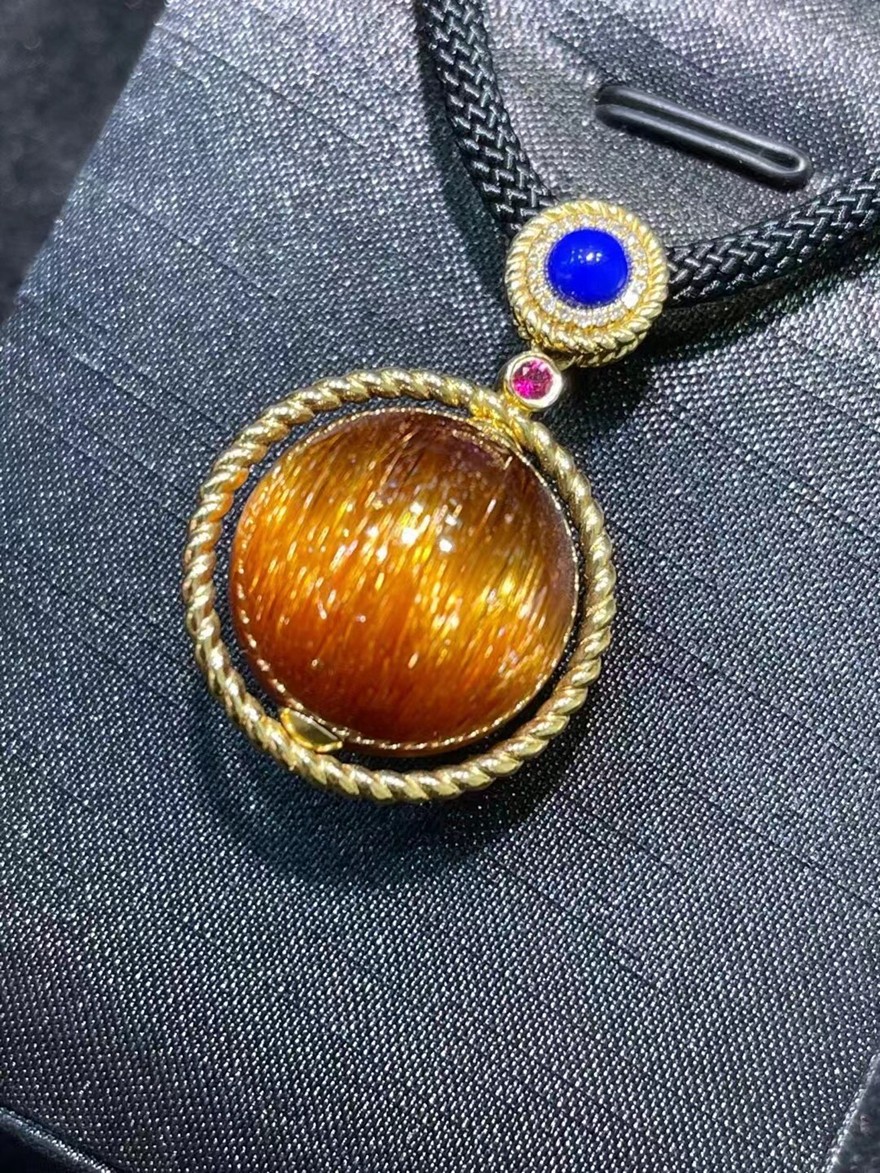 诺源珠宝天然巴西老矿铜顺发晶猫眼好运珠吊坠18k男女金款晶体通透