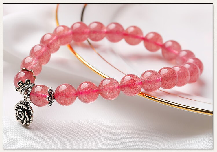石玥珠宝s925银玫瑰花配草莓晶手链手串粉红记忆粉色水晶玛瑙饰品女款