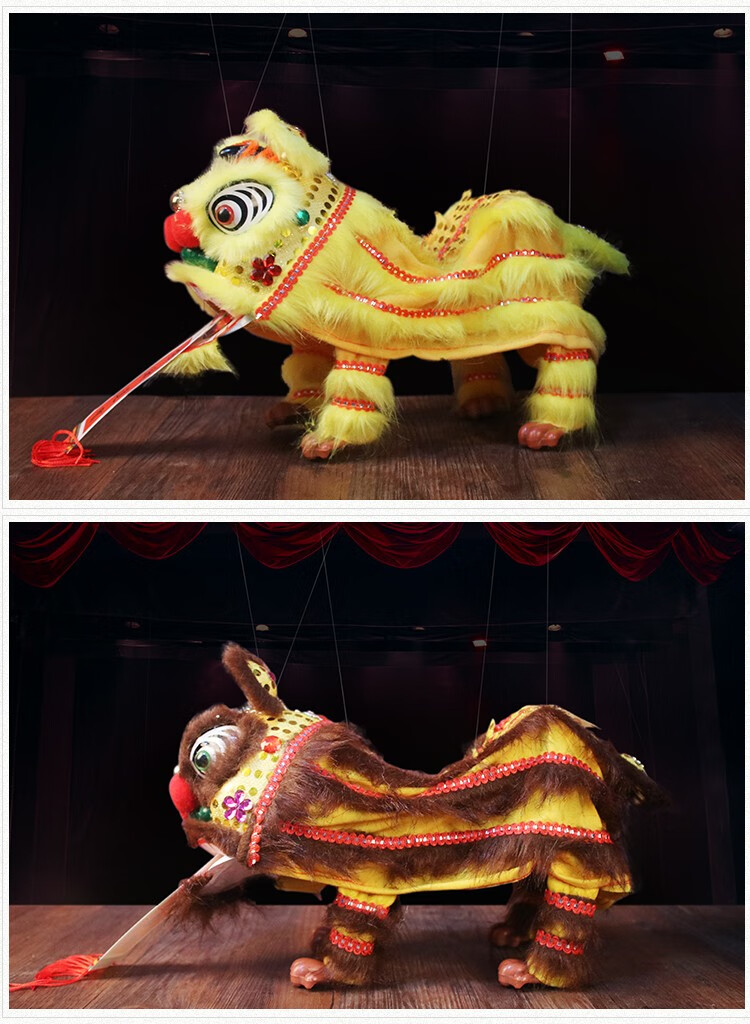 提线木偶人偶手工艺醒狮舞狮子中国风礼品玩具 红身白毛(中号)【图片