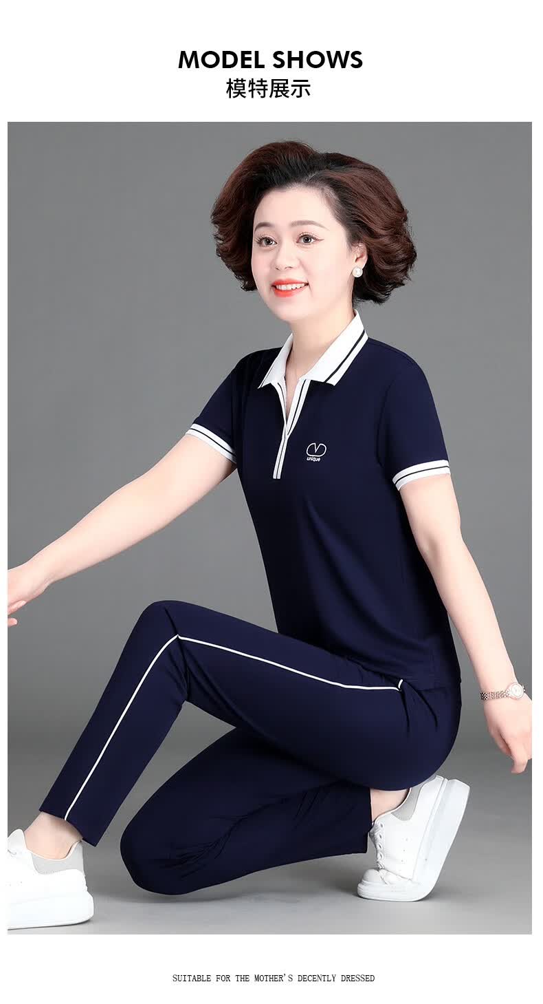 运动服套装中年女装夏季中老年女时尚宽松休闲运动服两件套绿色3xl女