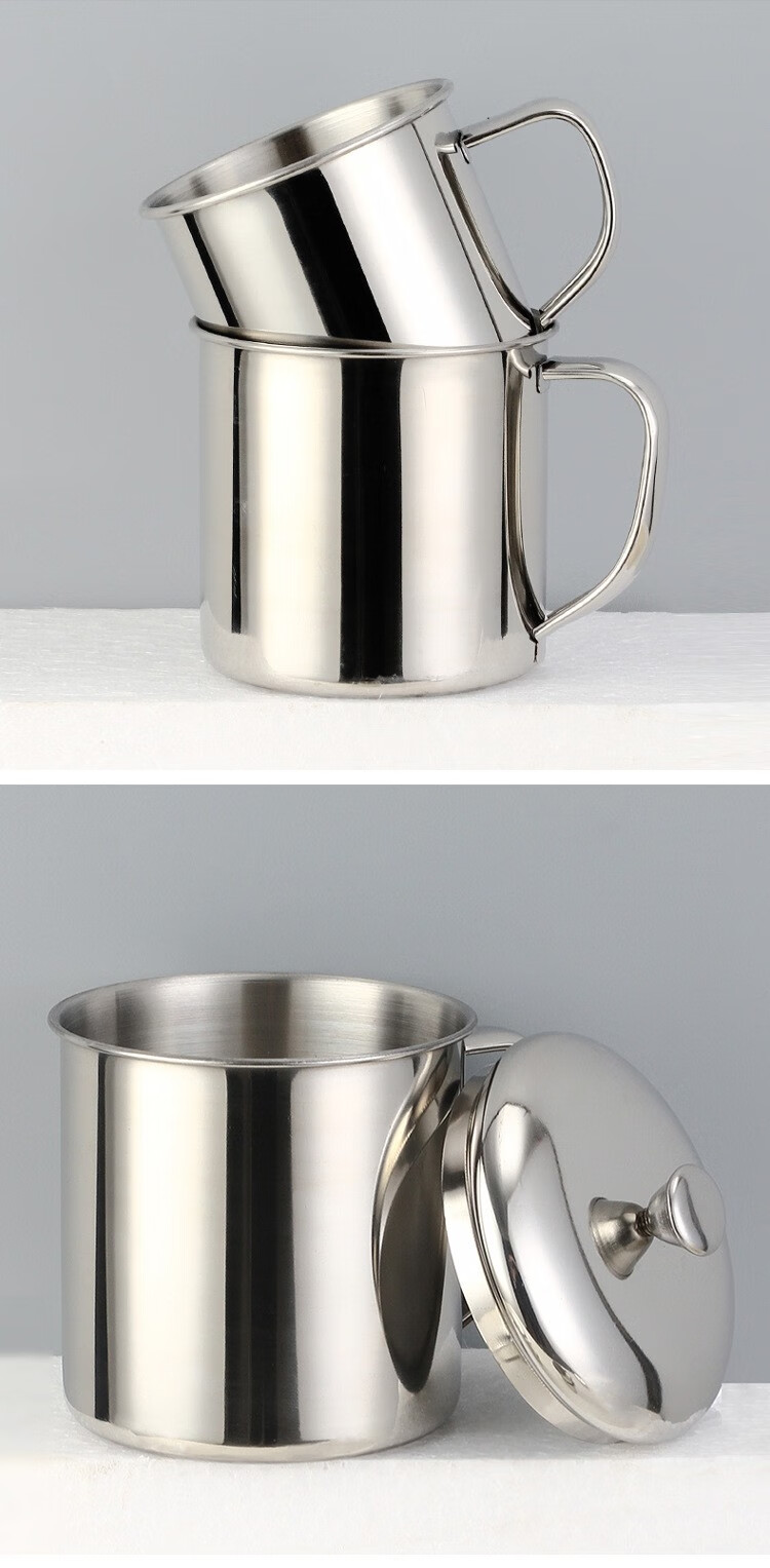 不锈钢口杯带盖茶缸子带手柄铁杯子防摔水杯幼儿园随手杯9cm特厚无盖