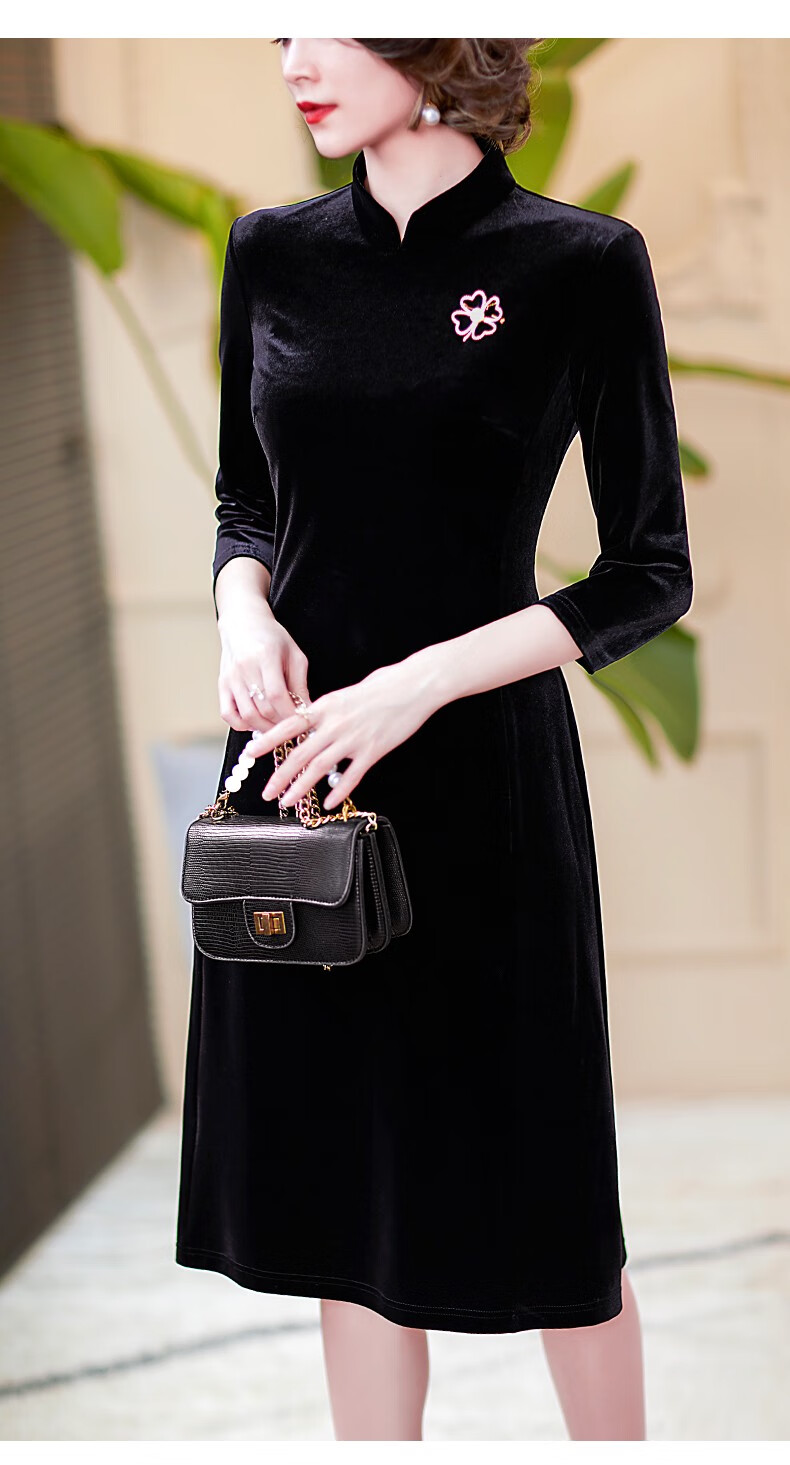 dosharp品牌春夏通勤风格黑色金丝绒中长连衣裙旗袍领改良a字裙现货l