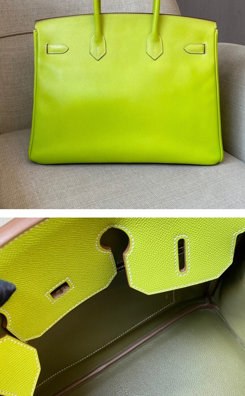 二手95新爱马仕birkin35奇异果绿6r内拼青苔色6f银扣e皮方块o刻