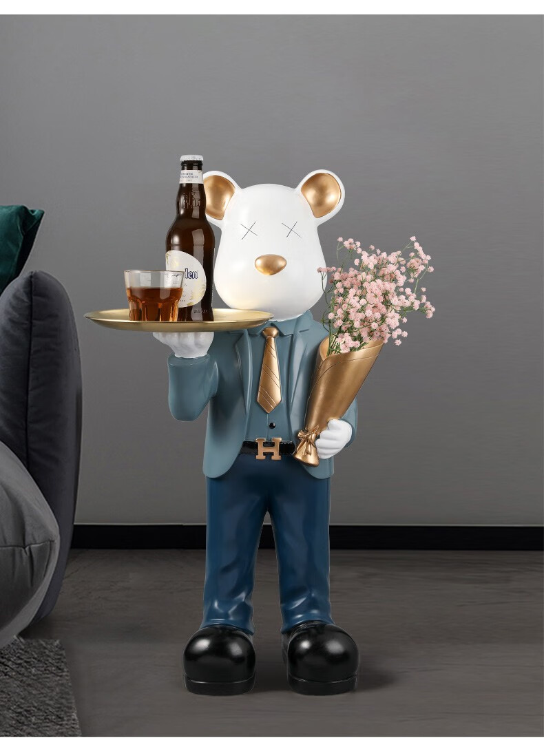 红潮品客厅装饰熊摆件家居饰品玄关现代高端乔迁新居礼品大熊落地托盘