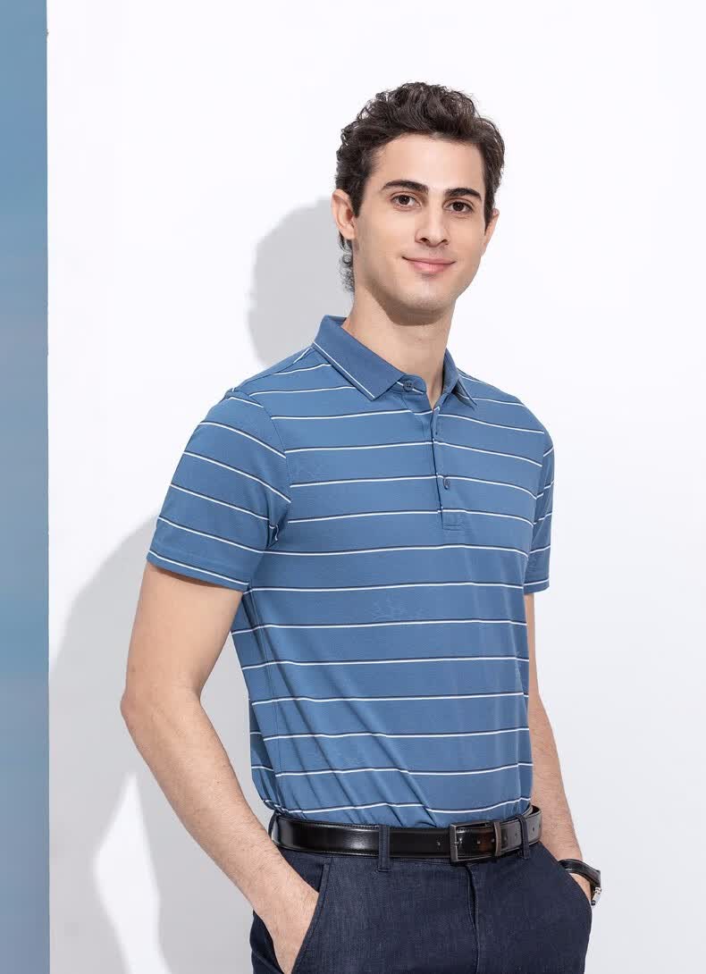 闪购浪登男装短袖t恤男夏季新款商务休闲中年翻领条纹体恤浅蓝色1708