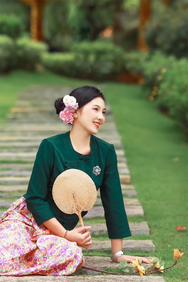 沙芭利西双版纳傣族服装经典传统碎花旅拍傣装东南亚风情绿色套装s