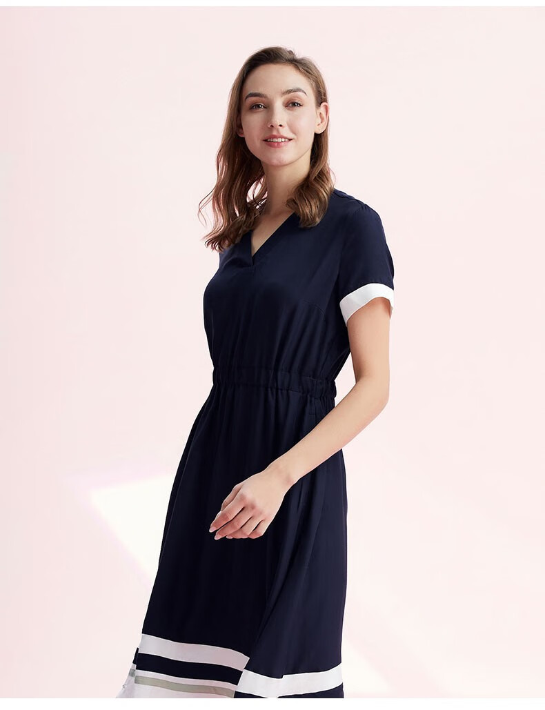 商场同款nautica诺帝卡女装22春夏新款商务休闲v领撞色拼接束腰连衣裙