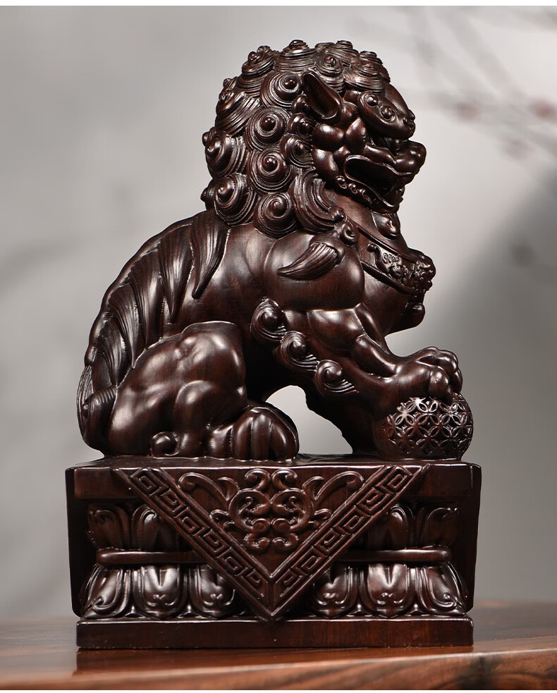 浣彩黑檀木雕狮子摆件一对狮子实木质家居门口客厅创意装饰摆设工艺品