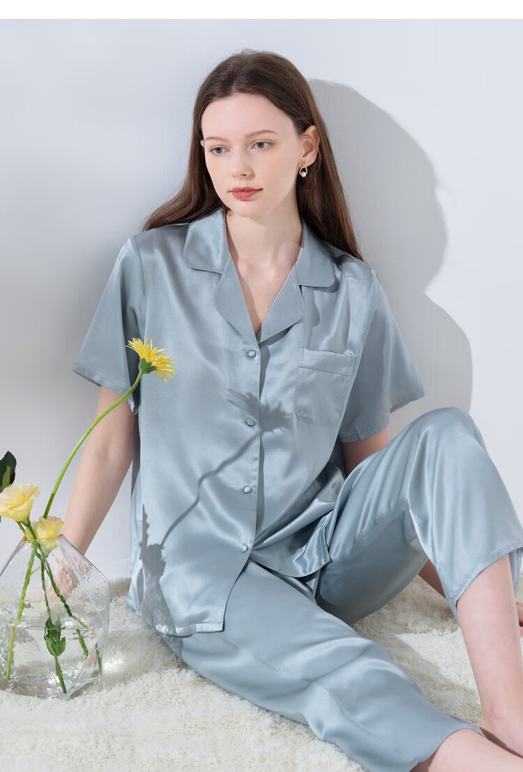 商场同款美标真丝睡衣女100桑蚕丝短袖长裤套装玻尿酸美肤缎春夏丝绸