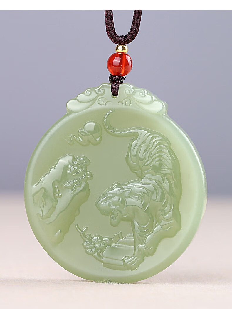 瑱瑜珠宝和田玉老虎吊坠圆形虎牌项链上山虎下山虎生肖虎属虎挂件玉坠