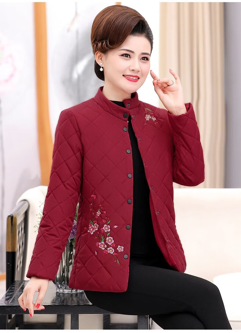 冬季百搭薄款宽松绣花小棉袄短款外套40岁50岁中老年妈妈款棉衣黑色xl