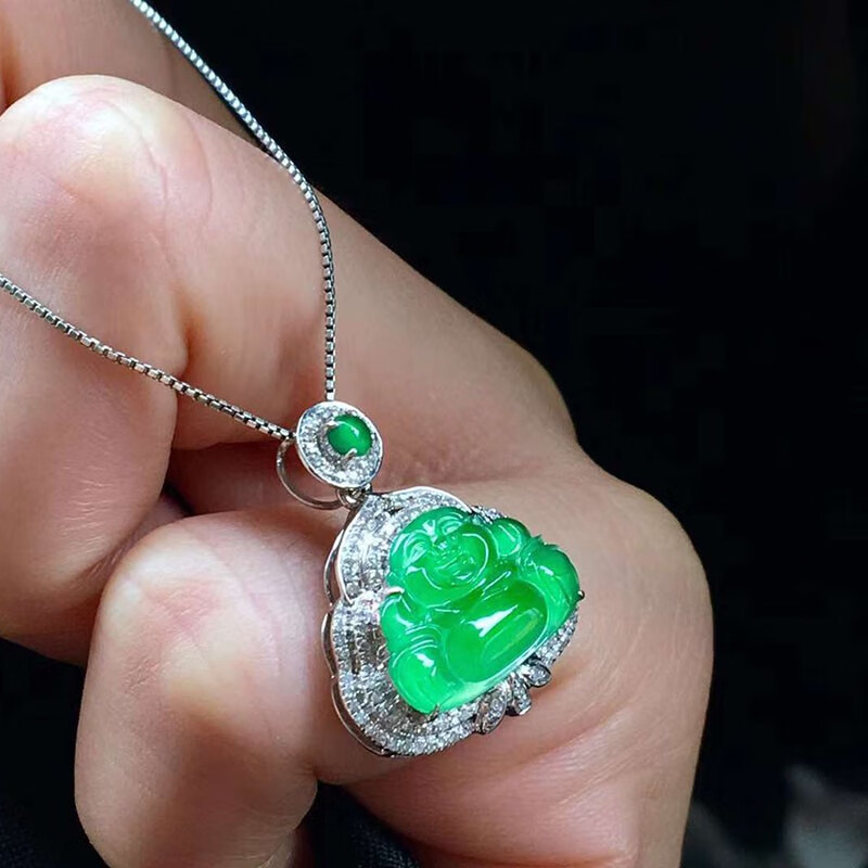 月亮阿姨老坑冰阳绿迷你小佛公玉佛翡翠吊坠18k镶嵌缅甸天然翡翠女款