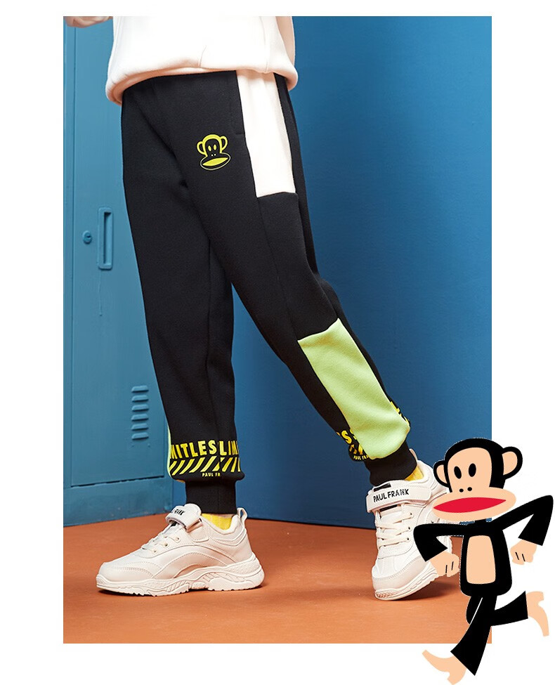 大嘴猴paulfrank儿童裤子冬款女童卫裤男孩加绒保暖童装休闲裤黑色150