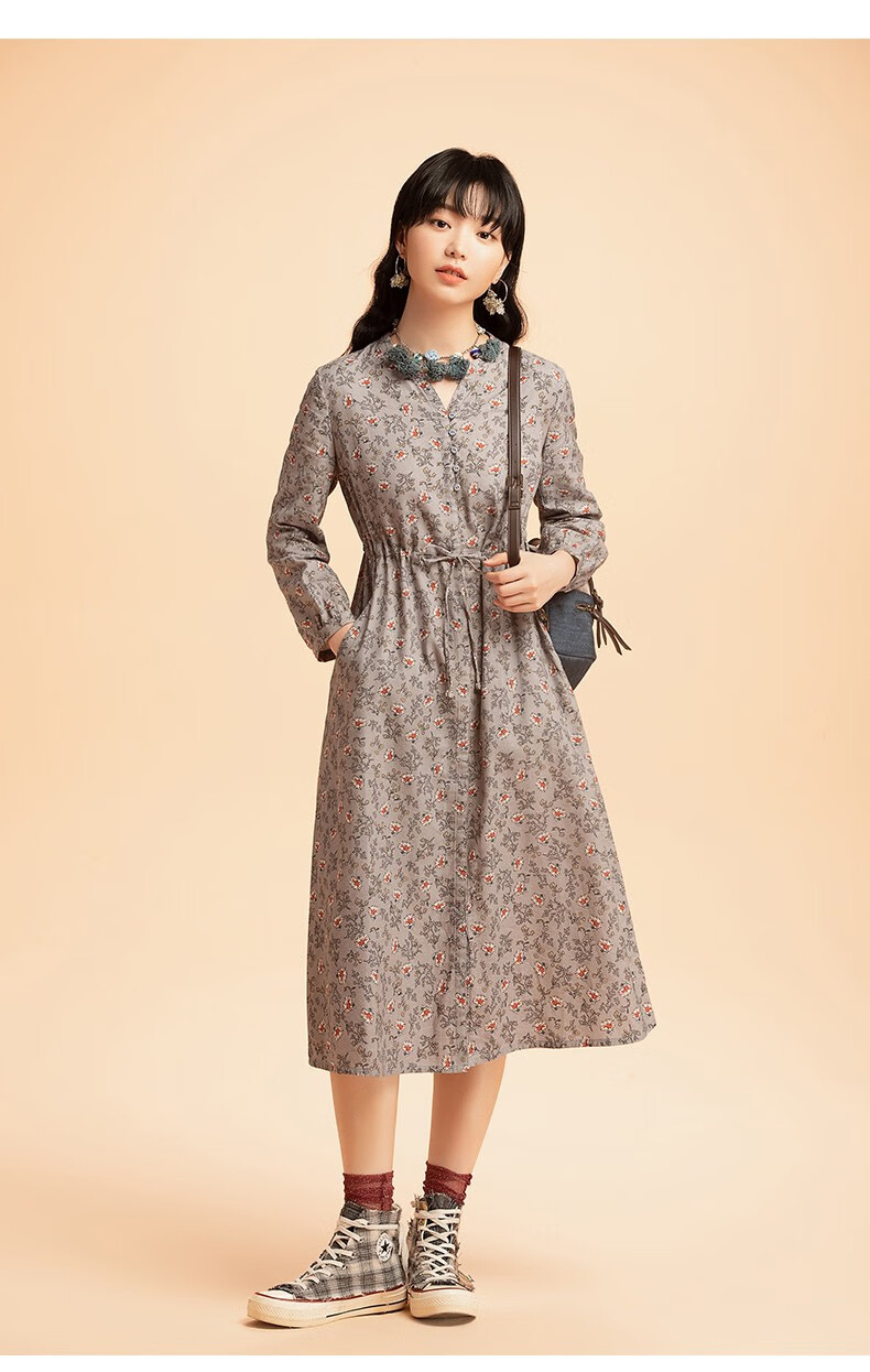 渔女装秋装新款2022长款开扣抽绳收腰印花纯棉全棉连衣裙fgec0002 灰