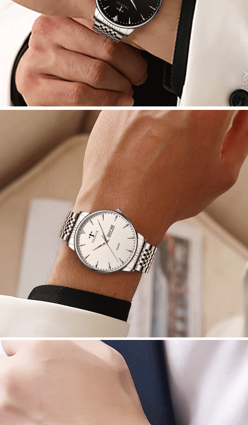 trsoye瑞士品牌手表诺曼底钢带蝴蝶表扣休闲皮带男士手表双日历简约