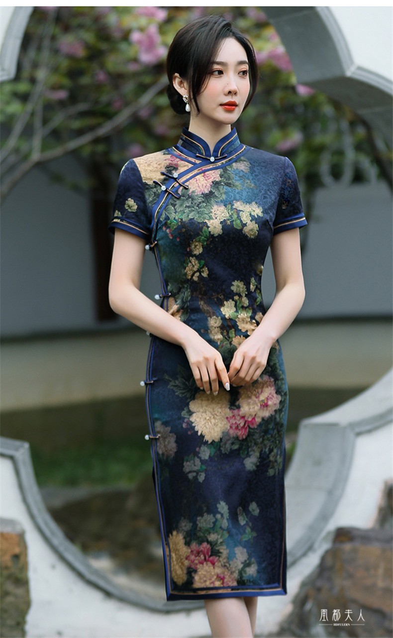 凰都夫人品牌女装真丝旗袍女2022春季新款桑蚕丝改良旗袍裙短袖中长款