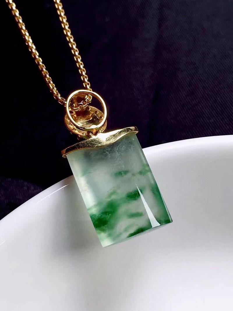 发源地高冰飘花平安柱吊坠翡翠18k金镶钻缅甸天然a货玉石珠宝送女友裸