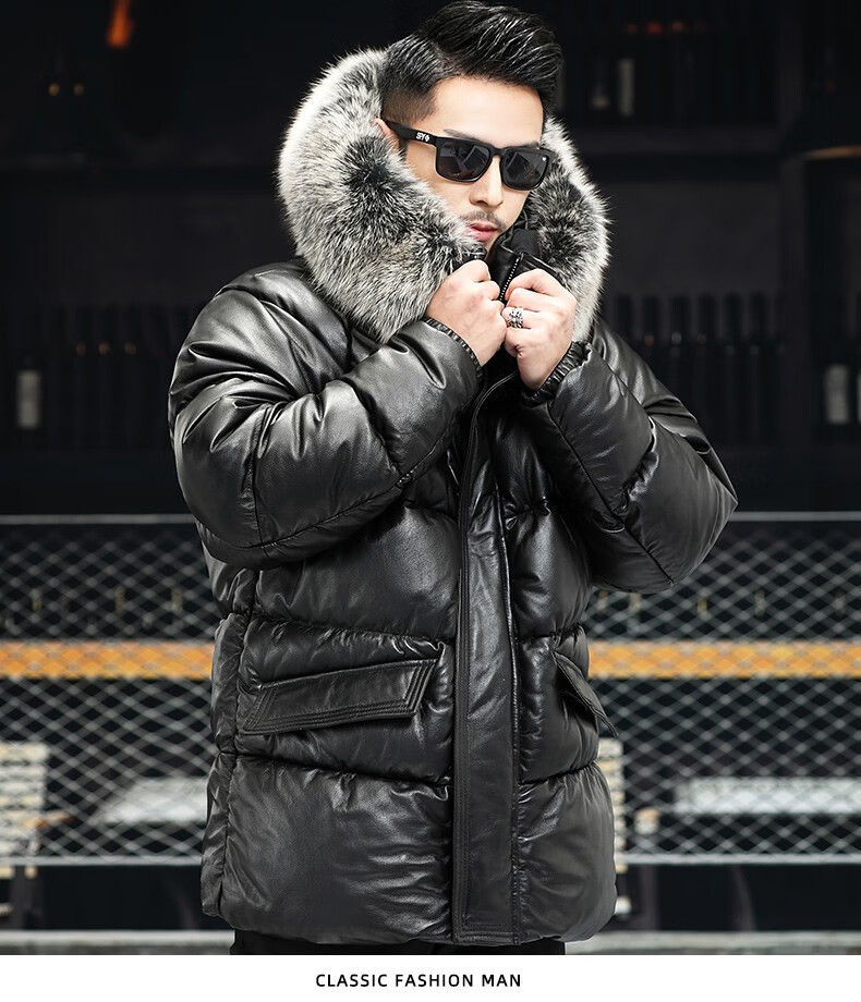 诺格威头层牛皮羽绒服中长款加厚插肩袖连帽皮草大衣外套加绒皮衣男