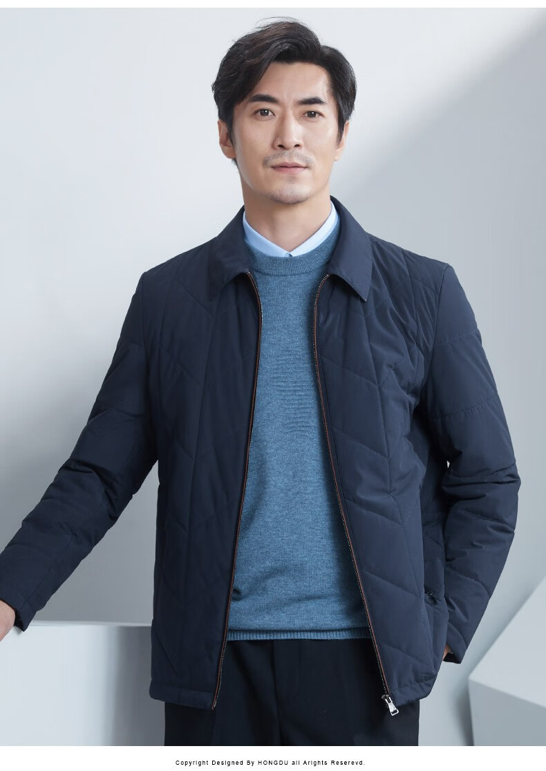 红都中老年男士棉服爸爸装商务休闲翻领保暖男装棉袄外套 蓝绿la6286