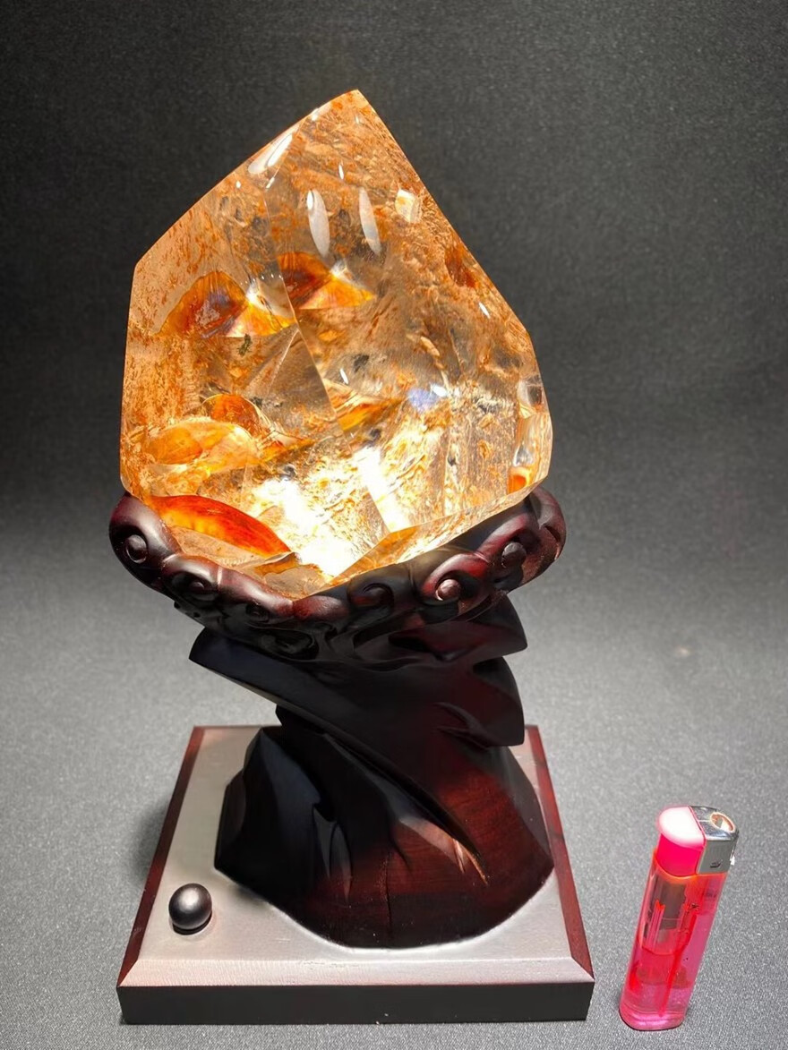 诺源珠宝天然红胶花原石水晶观赏石摆件晶莹剔透精致黑檀底座外形完整