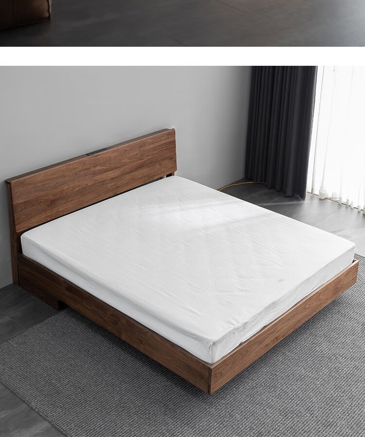 智木生活黑胡桃木床实木床简约轻奢双人主卧原木可拆卸靠背可储物带灯