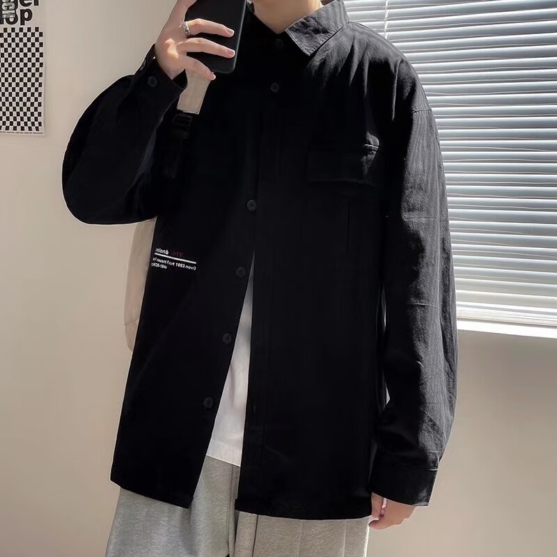 衬衫外套休闲工装长袖衬衣男士上衣外套帅气百搭休闲男潮黑色m