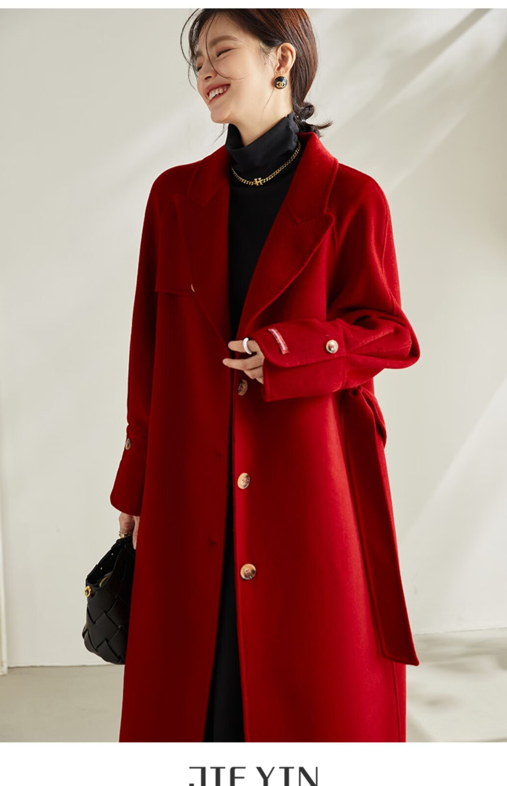 瑟俐品牌红色双面羊绒大衣女中长款2021年新款赫本风修身时尚过膝毛呢