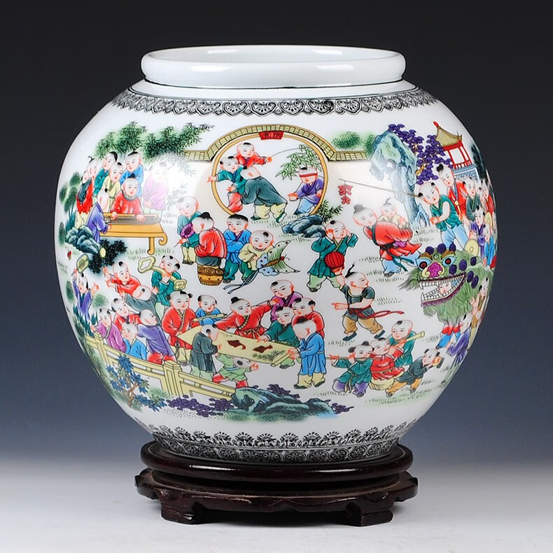 明班景德镇陶瓷花器仿古百子图花瓶中式客厅家居装饰工艺摆件结婚礼物