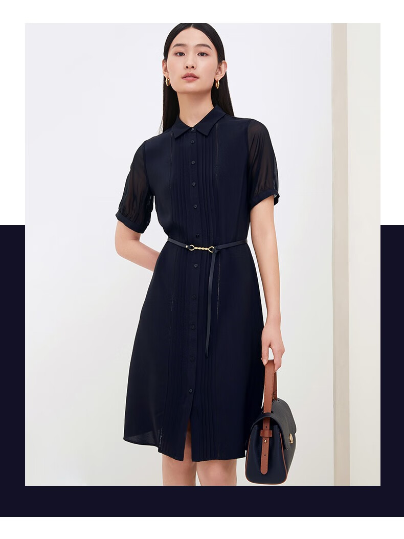 商场同款鹿王真丝连衣裙女桑蚕丝翻领短袖中裙气质休闲日常百搭2022