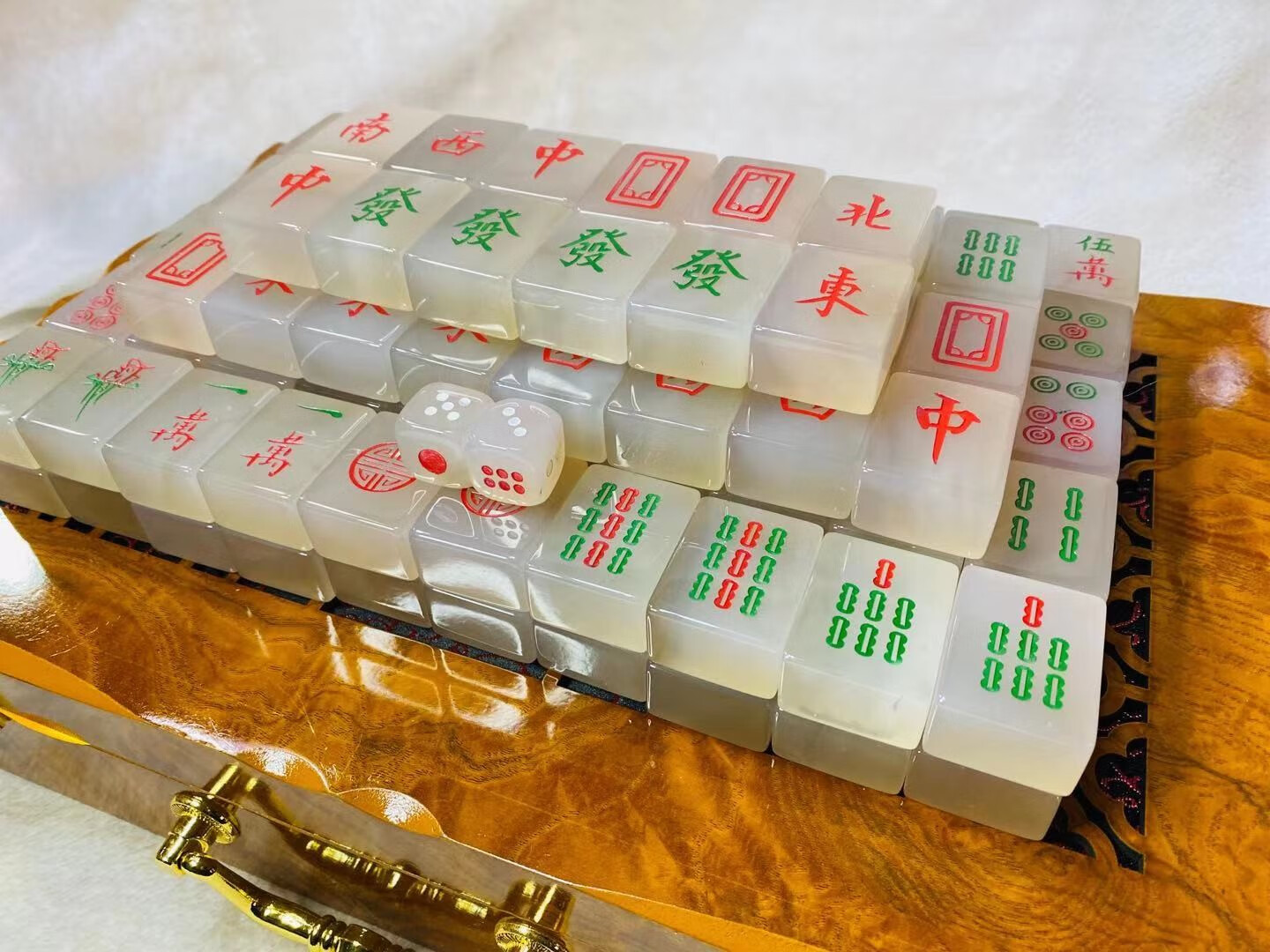 玛瑙麻将牌玉石水晶成人大号手搓牌实木高档商务礼品收藏362818大号厚