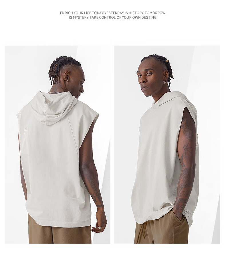 bodydream夏季新款无袖帽衫纯棉针织美式休闲潮流宽松连帽背心男 灰色