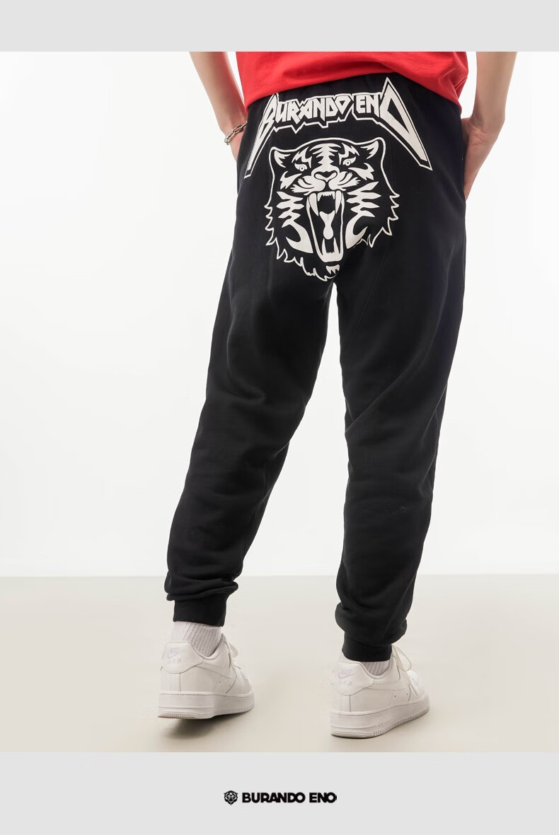 burandoeno潮牌虎头男裤休闲卫裤黑色个性老虎头时尚长裤eaask3221130