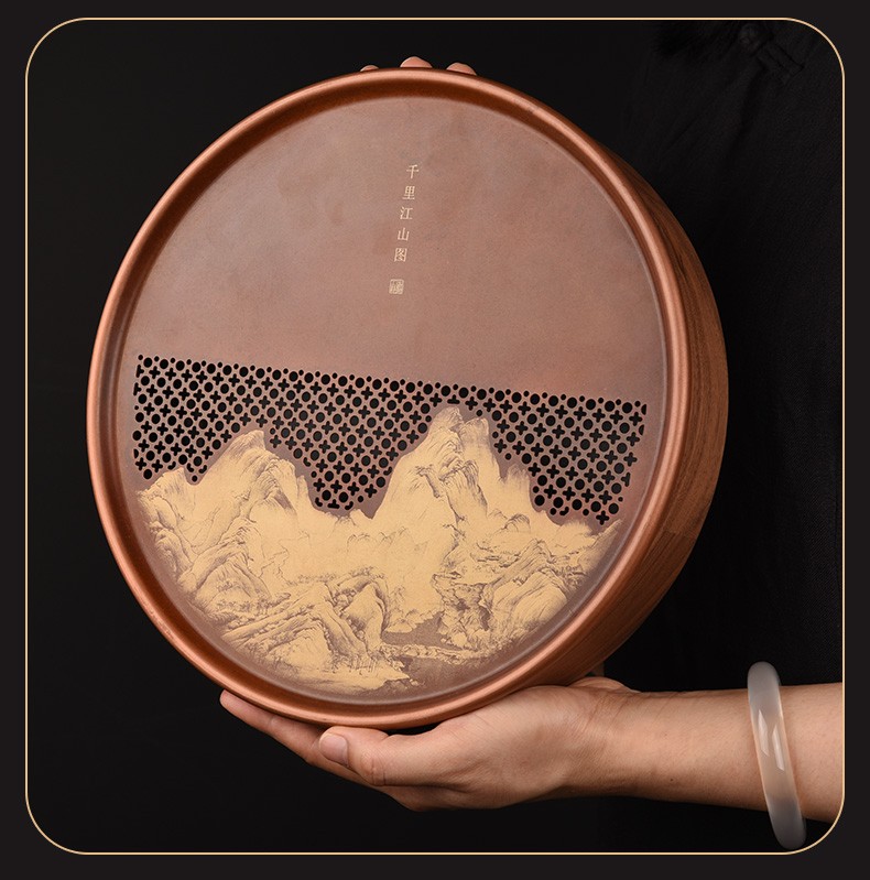 凡越 圆形纯铜茶盘小型家用蓄水茶台储水式功夫茶具干泡台茶海托盘