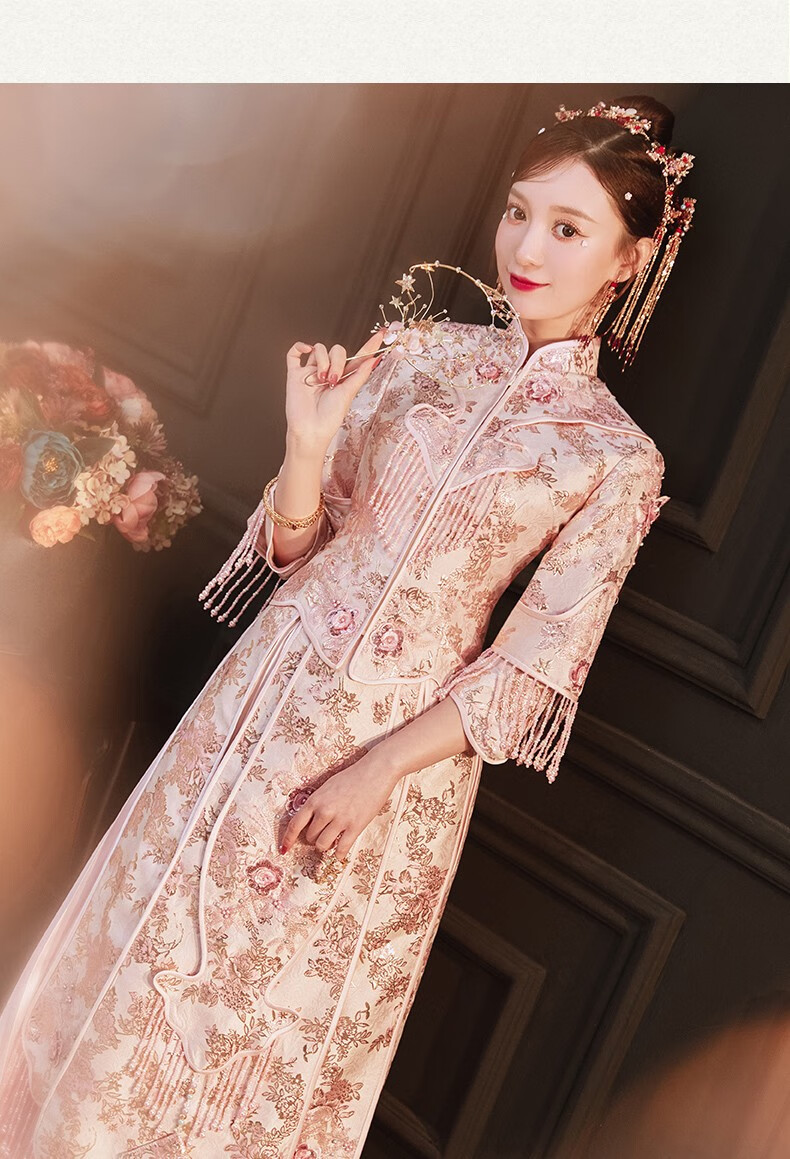 cocl品牌女装淡雅粉色秀禾服2021新款中式流苏少女礼服新娘结婚古装