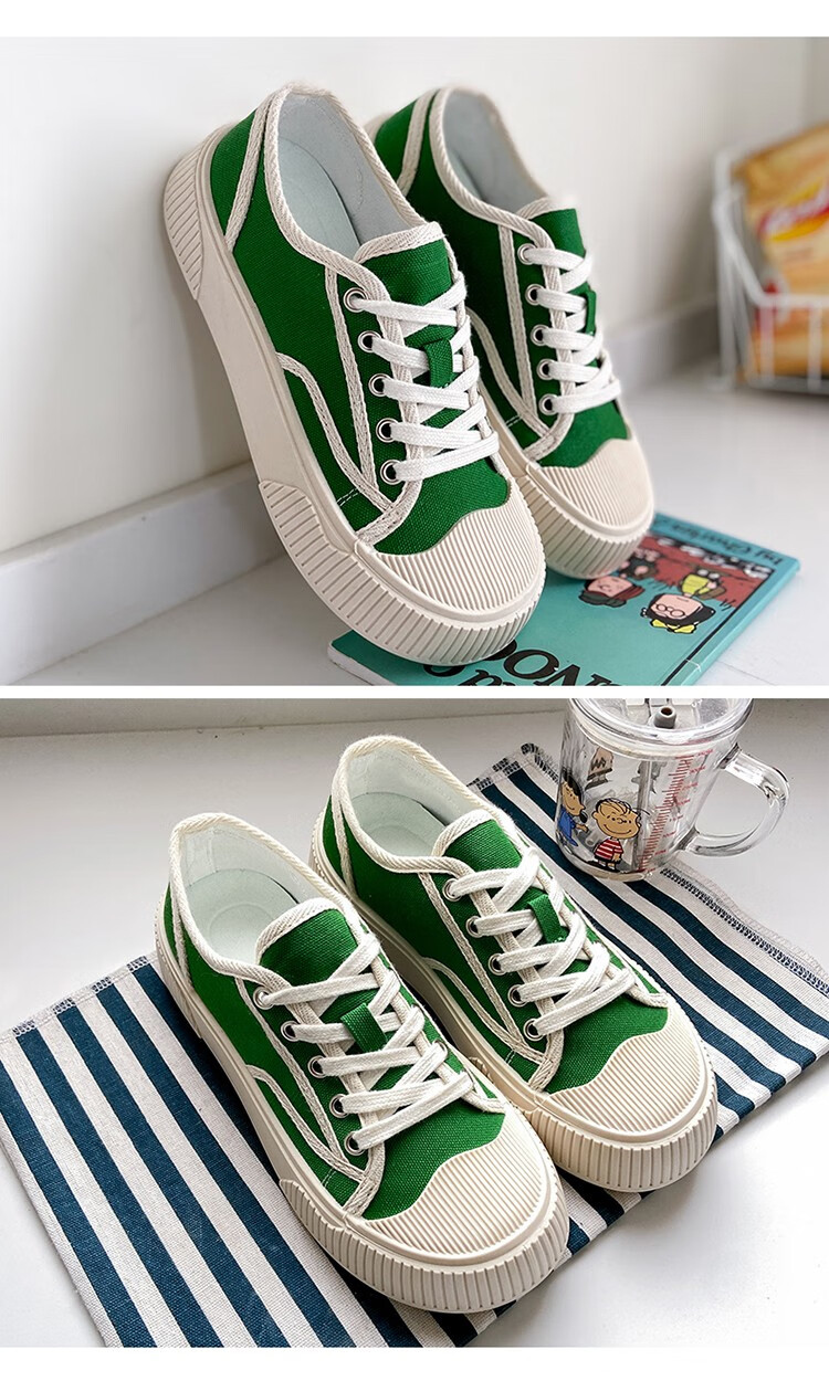 专柜品质闪电发货兰研夏季新款百搭帆布鞋休闲运动女舒适不闷脚①米绿