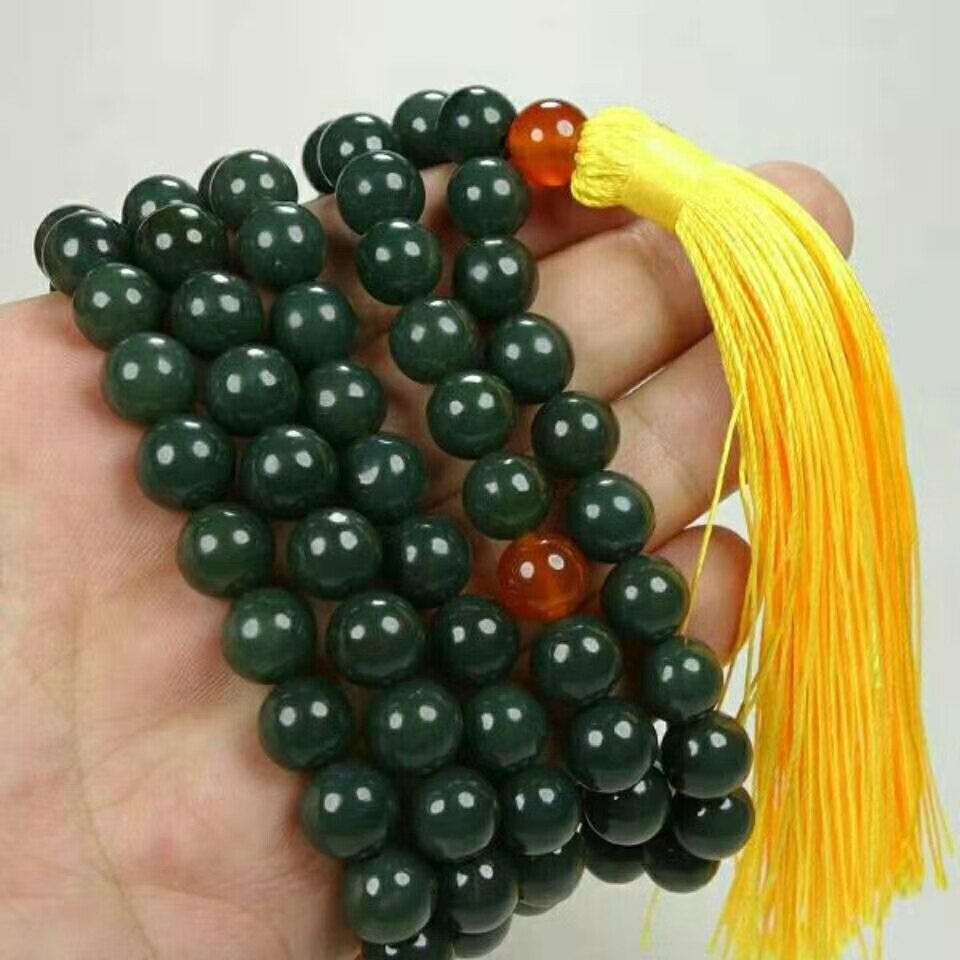 和田玉新疆塔青一细料10mm圆珠多圈手串108颗手链青玉念珠佛珠【图片