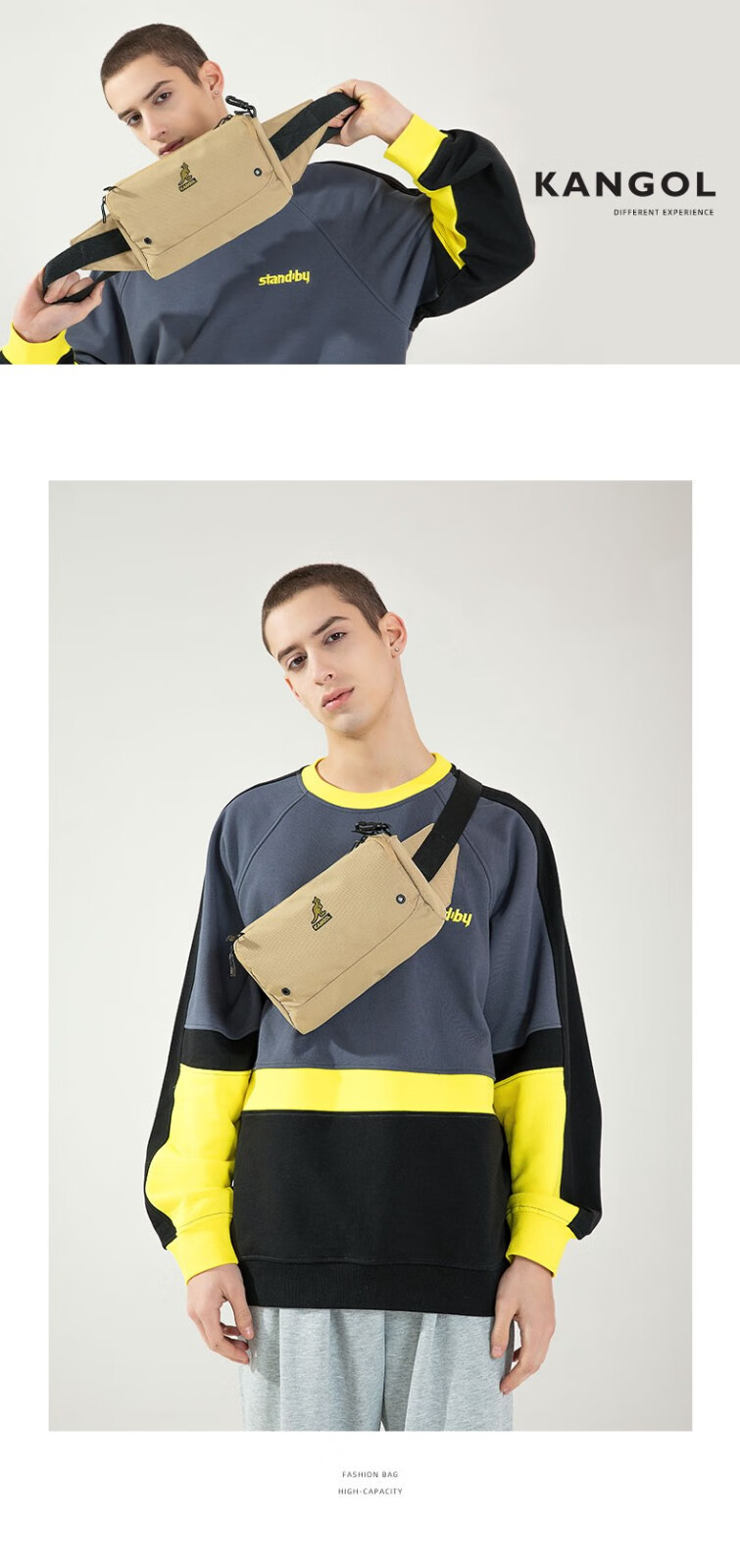 kangol官方斜挎包男潮牌包休闲街头斜肩包女潮流胸包小包灰色