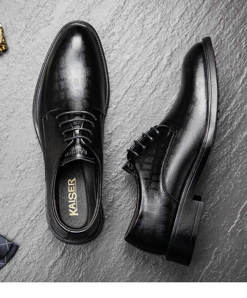 kaiser凯撒英伦商务正装皮鞋男头层牛皮套脚爸爸大头休闲鞋真皮黑色38