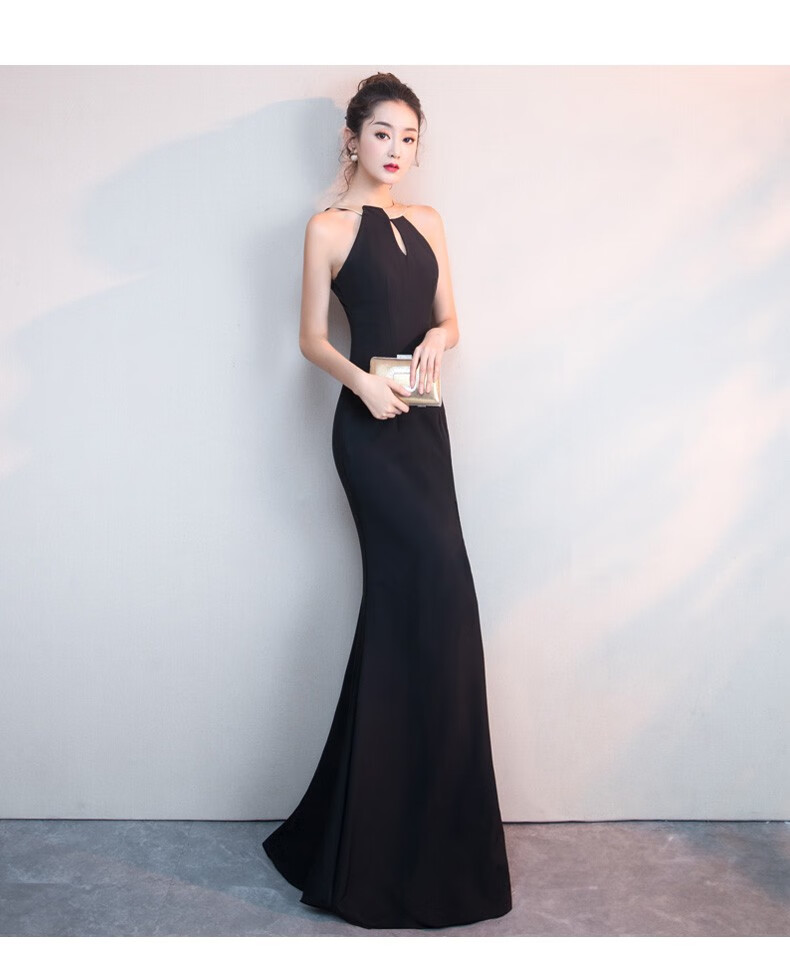 etex轻奢品牌挂脖晚礼服女2022夏季新款宴会气质黑色鱼尾长款修身性感