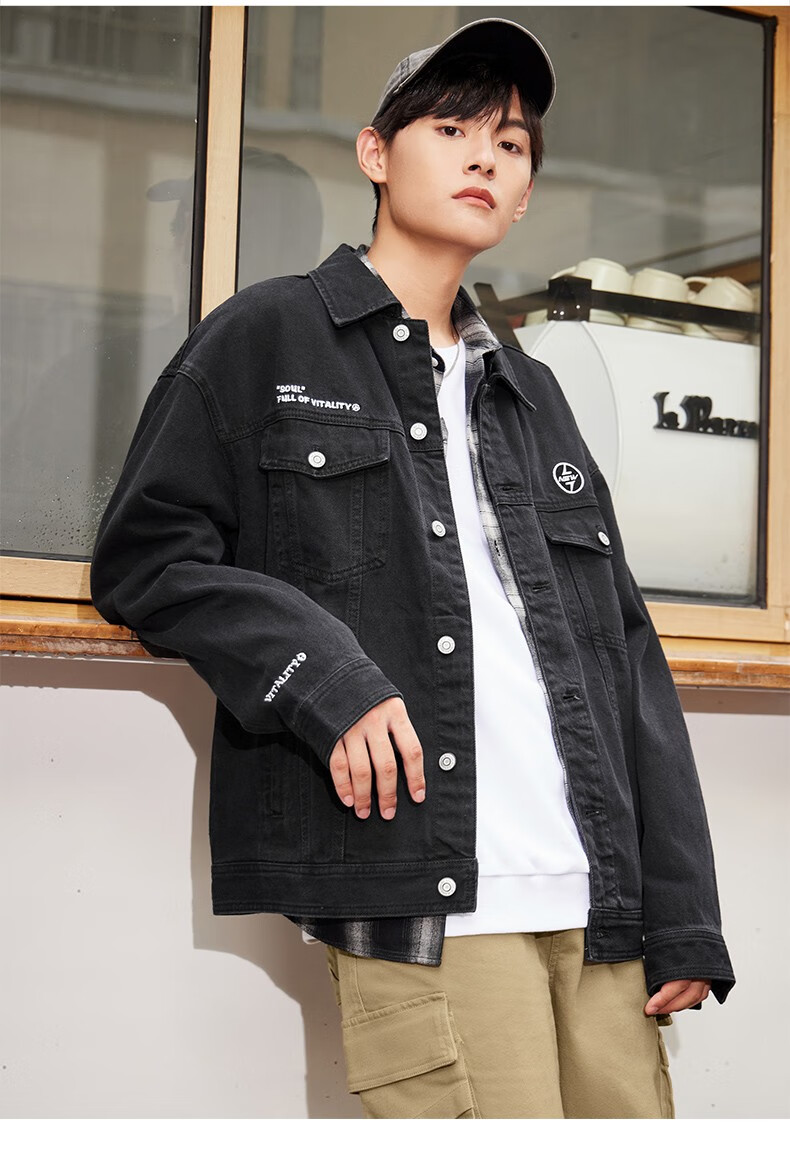 a21秋季2021男装牛仔多口袋字母印花刺绣宽松翻领长袖情侣同款短装开