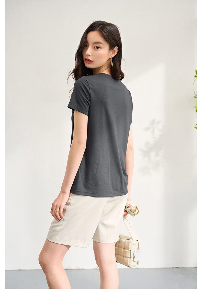 homophony植绒字母绣花简约柔软舒适高级灰圆领t恤女短袖衫灰色s