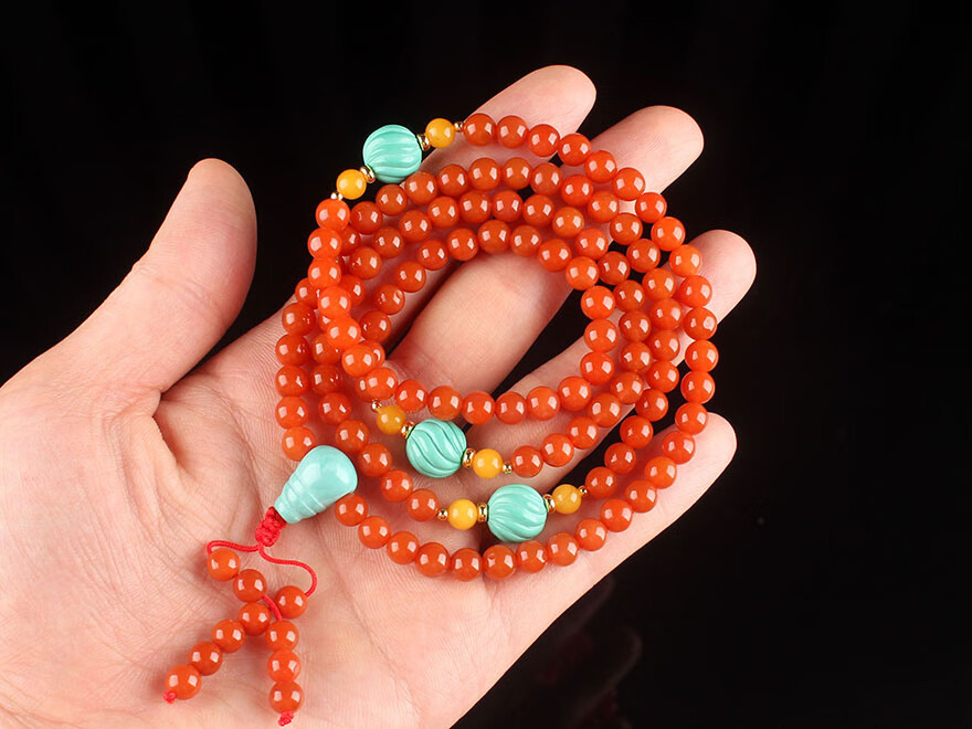 天然保山南红diy108手链搭配和田玉直径6mm重51克