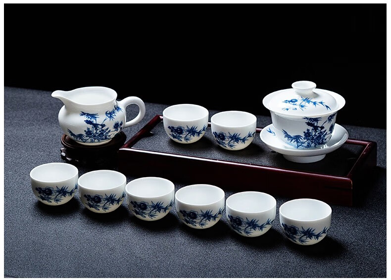 玺翰雅景德镇青花瓷功夫茶具套装手工贴花茶壶茶杯公道杯整套茶具陶瓷