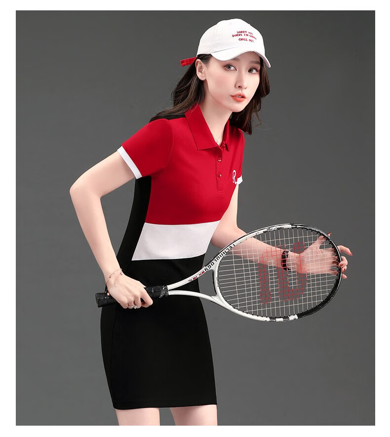 hunnz品牌夏季网球裙女时尚撞色显瘦大码运动羽毛球裙翻领短袖连衣裙