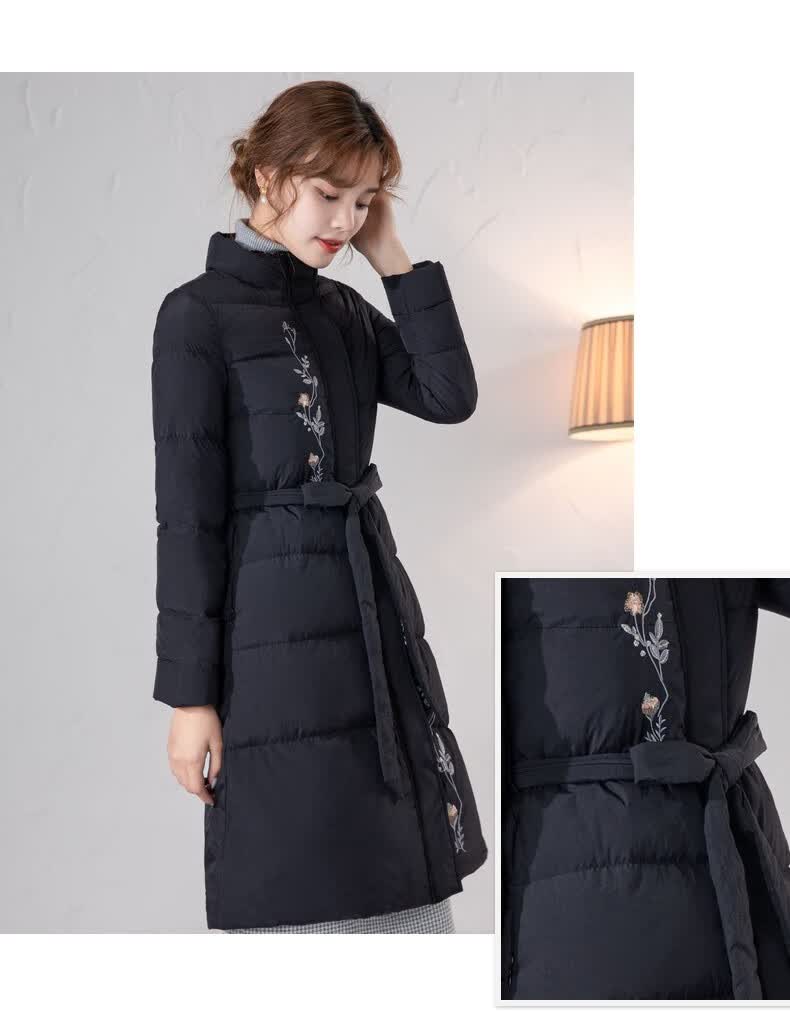 特惠烟花烫黑色绣花羽绒服女中长款2021秋冬新品通勤气质系带收腰保暖