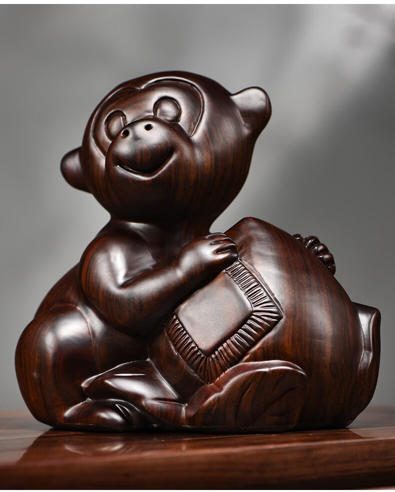 浣彩黑檀木雕猴子摆件工艺品十二生肖猴木头猴属猴客厅家居装饰品手工