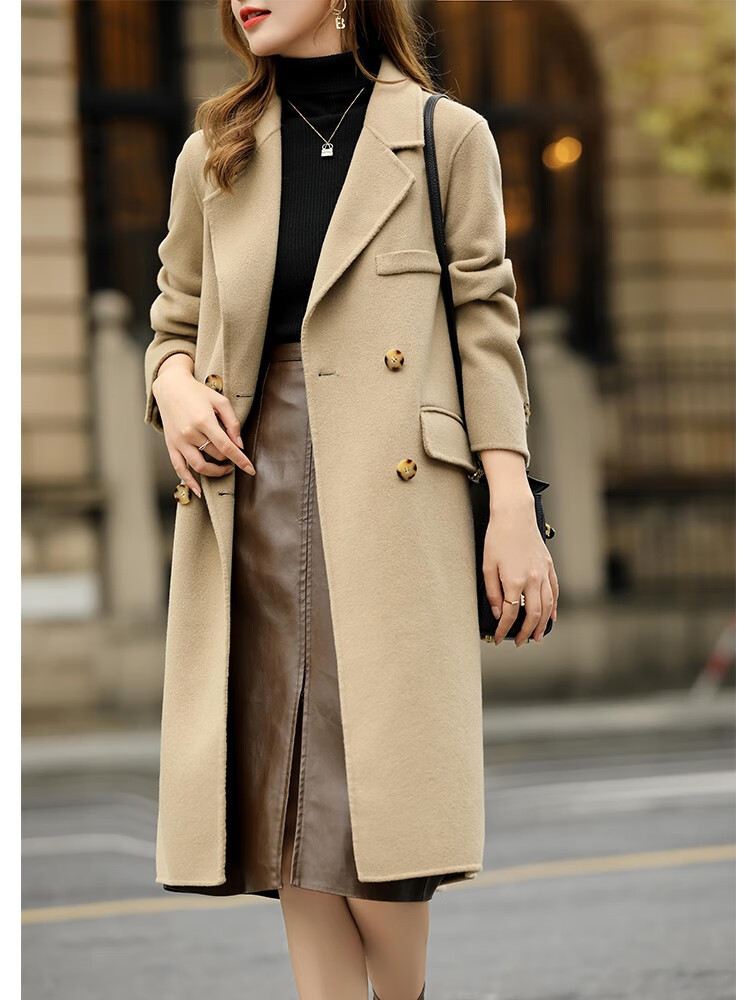 kaisifu品牌双面羊绒大衣女2021年冬季新款可可色中长款西装领气质