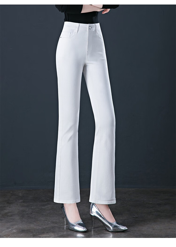 cat白色牛仔裤女2022春新款大码弹力微喇裤妈妈中年显瘦喇叭长裤 白色