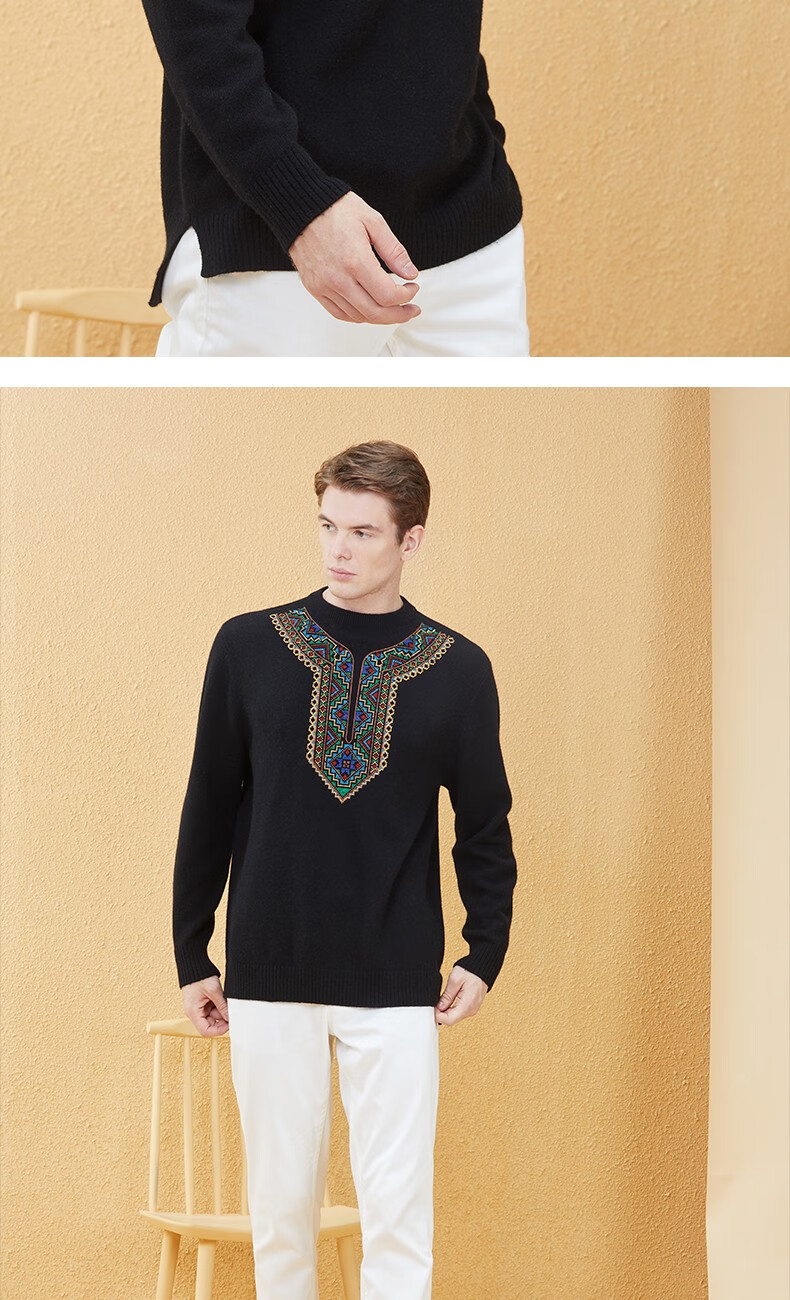 gts羊毛衫新疆天山100绵羊毛男士针织衫圆领套头毛衣绣花2021秋冬新款