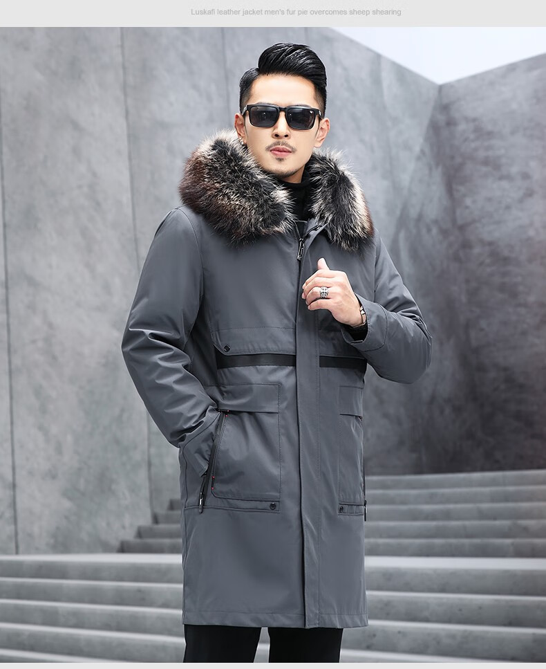 恒源祥派克服男兔毛内胆可脱卸中长款男士皮毛一体男装中年皮草外套